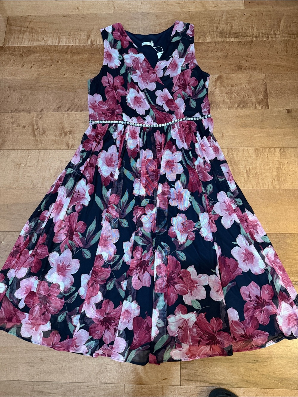 Women’s Navy Floral A-Line Dress with Pink Flowers